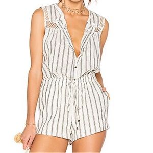 HEARTLOOM Suri Romper in Tar Size XS Cream Gray  Stripes Open back button front.